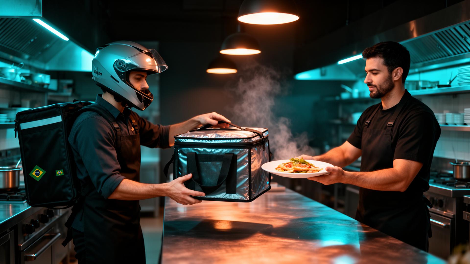 Operação do mercado gastronômico: entrega protegida da cozinha ao motoboy